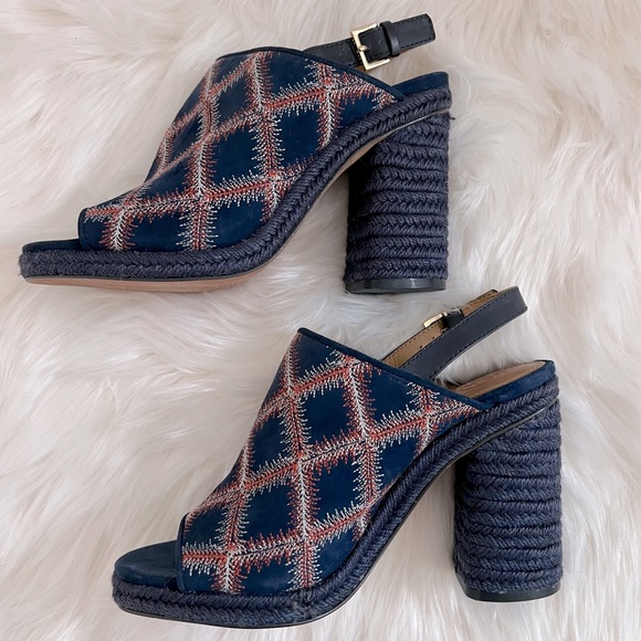 NEW Tory Burch Trinity Embroidered Navy Espadrille Heeled Slingback Sandal - Picture 2 of 13